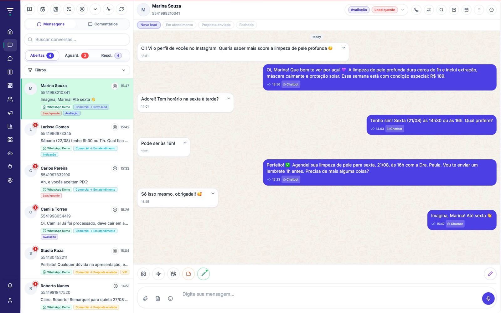 Tela real do Resulta CRM: atendimento WhatsApp com respostas do chatbot de IA