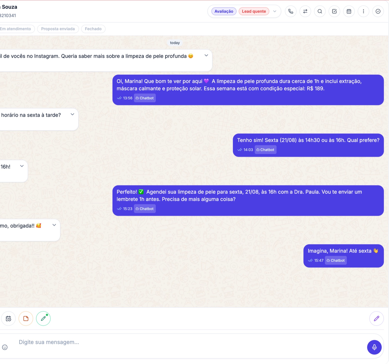 Print real: chatbot de IA do Resulta CRM respondendo e agendando com uma cliente